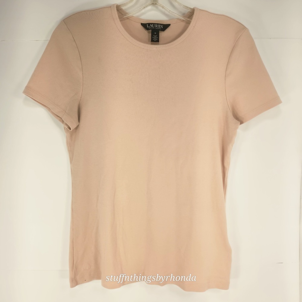 Ralph Lauren Womens Stretch Cotton Tee, Peach Embroidered Logo Cotton Sz m